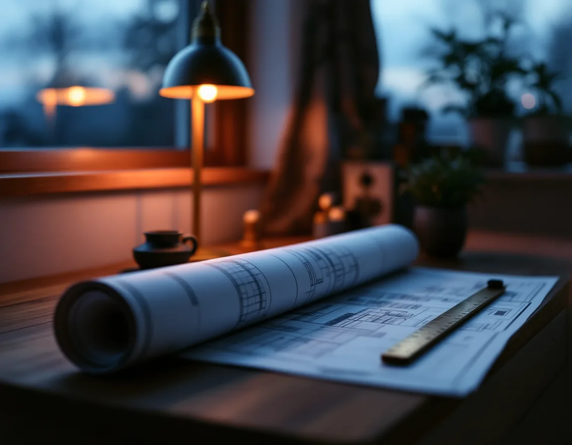 Rolled plans and a scale ruler on a walnut desk beside a glowing lamp