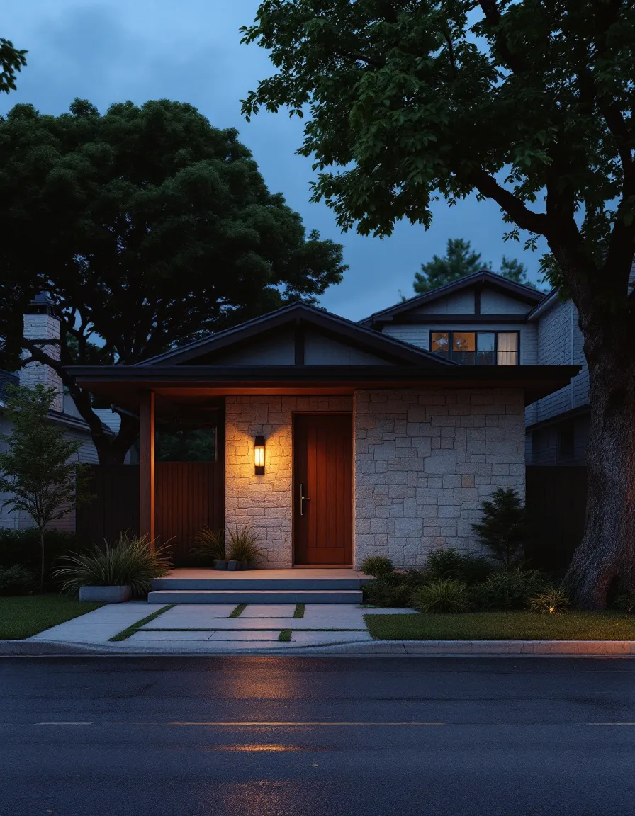 A walnut front door with a lit lantern on a quiet street at dusk