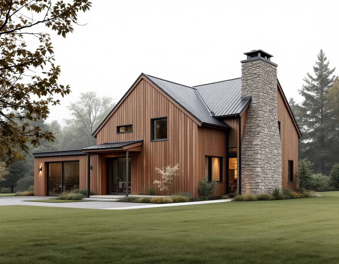 Overcast-daylight exterior rendering of a timber and stone house