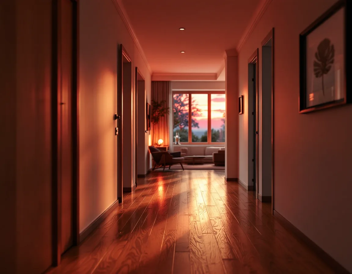 Rendered hallway leading toward a lamplit room, as if mid-walkthrough